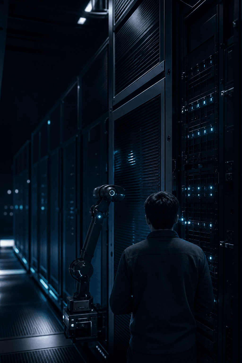 Engineer inspecting secure AI computing infrastructure