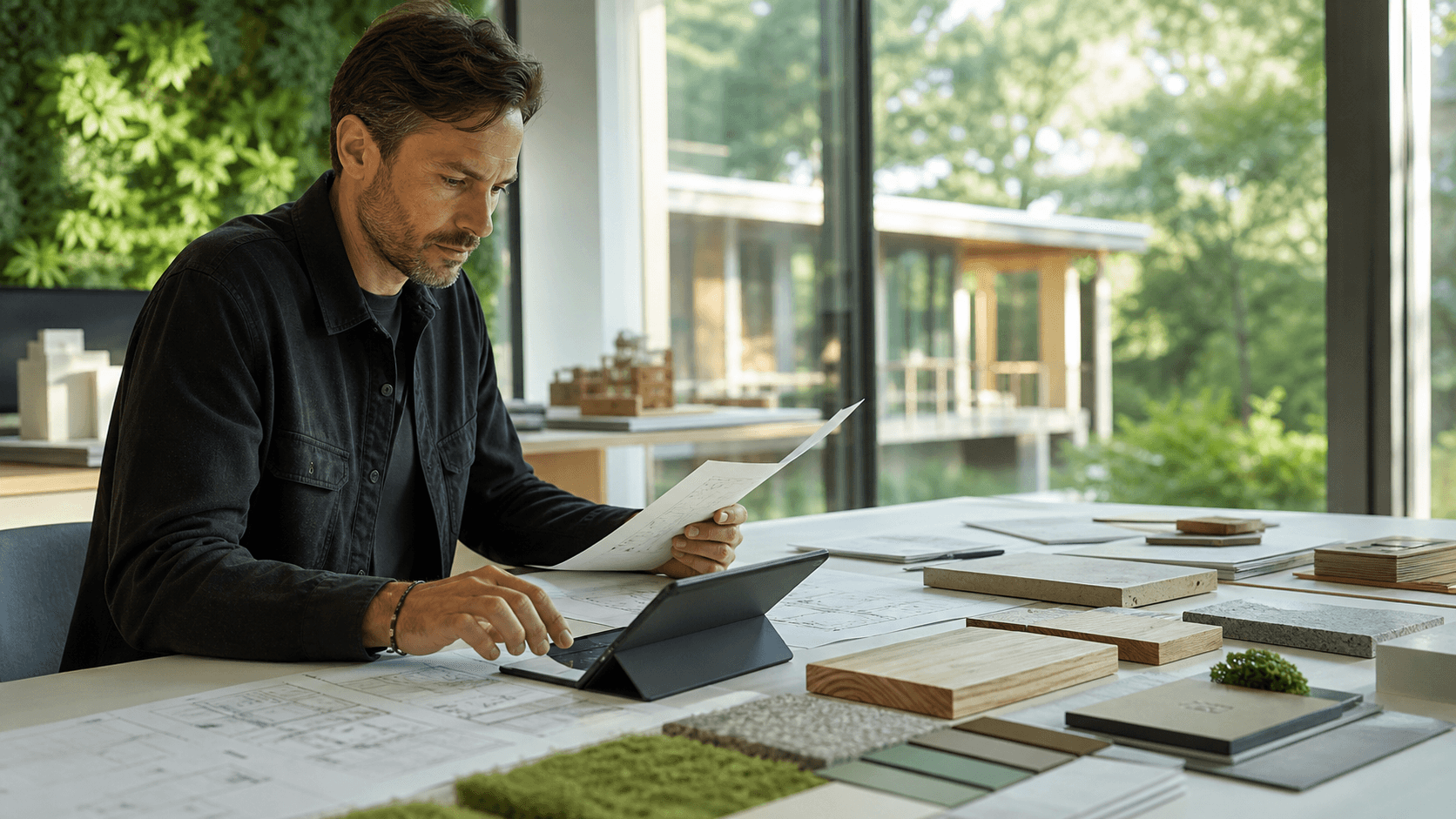 Architect verifying sustainable building records and materials