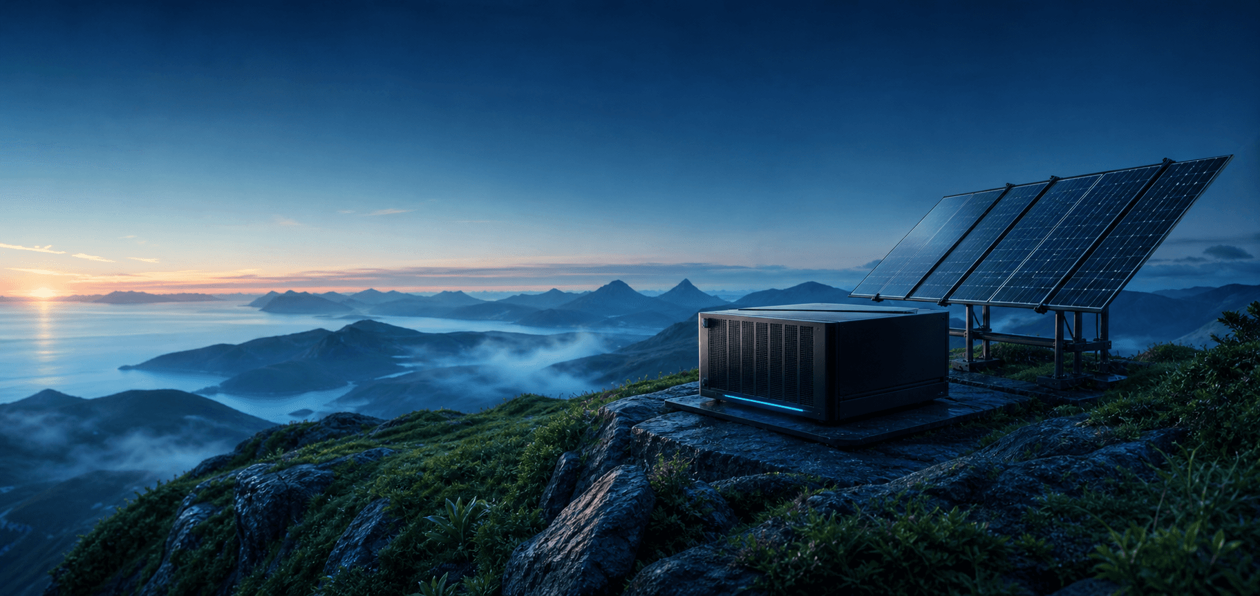 Solar-powered Earth Blockchain validator hardware overlooking a mountain landscape
